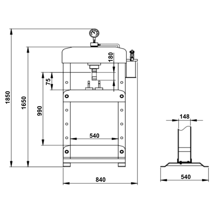 Warsztatowa prasa hydrauliczna 30t - Snit SP-30 EAM - wymiary