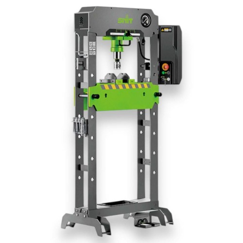 Wolnostojąca prasa warsztatowa elektryczna Snit SEP-30HM o nacisku 30 ton. Solidna stalowa rama typu H w kolorze szarym z zielonymi akcentami, wyposażona w pompę hydrauliczną i stół roboczy o regulowanej wysokości