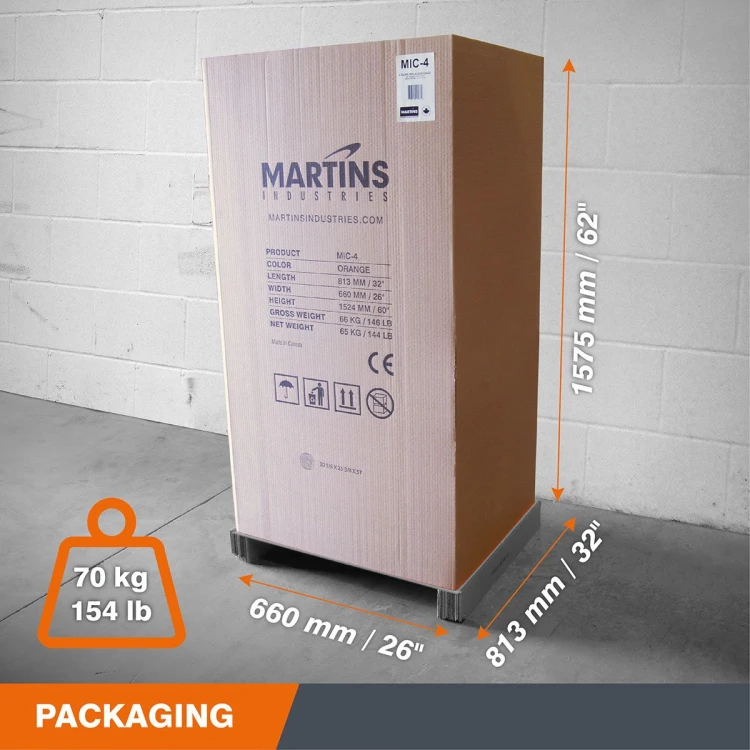 Opakowanie transportowe kosza MIC-4 z widocznymi wymiarami i wagą 70 kg