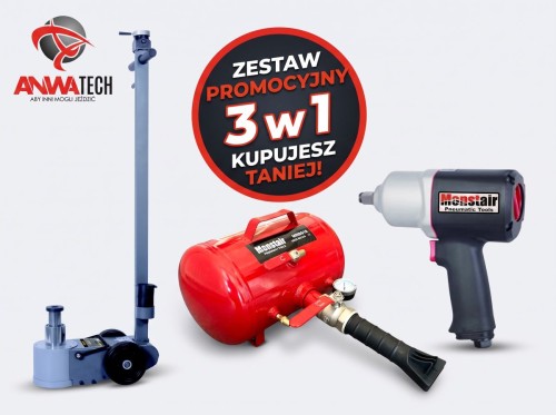 Zestaw promocyjny: podnośnik hydrauliczno-pneumatyczny Snit S30-2EL, inflator do opon MonstAIR MRBS18 18L oraz klucz udarowy 1/2" MonstAIR MRX834 1492 Nm – sklep ANWA-TECH Sulejówek