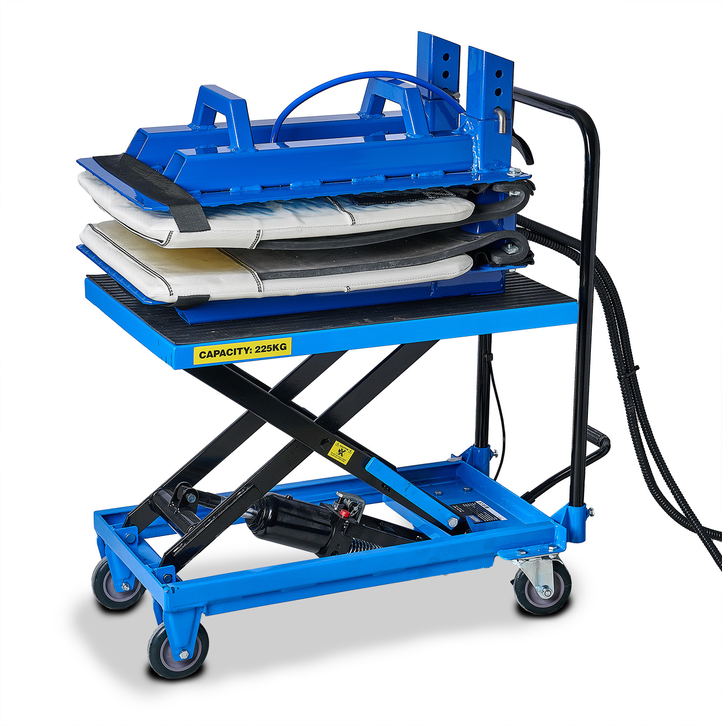 Mobilny system Monaflex do wulkanizacji gąsienic gumowych na gorąco, zamontowany na niebieskim podnośniku nożycowym o udźwigu 225 kg.